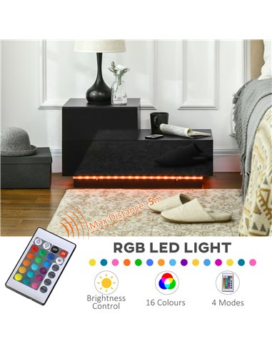 HOMCOM Bedside Table with High Gloss Front, Nightstand with RGB LED Light, Remote Control, and Drawers for Bedroom Storage, Blac