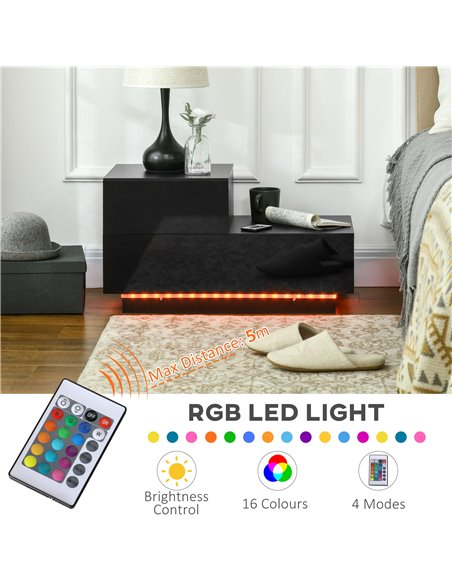 HOMCOM Bedside Table with High Gloss Front, Nightstand with RGB LED Light, Remote Control, and Drawers for Bedroom Storage, Blac - pic 61323 | FastDaddyshop