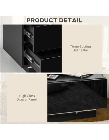 HOMCOM Bedside Table with High Gloss Front, Nightstand with RGB LED Light, Remote Control, and Drawers for Bedroom Storage, Blac