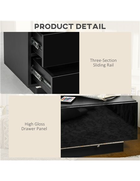 HOMCOM Bedside Table with High Gloss Front, Nightstand with RGB LED Light, Remote Control, and Drawers for Bedroom Storage, Blac - pic 61325 | FastDaddyshop