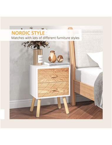 HOMCOM Wooden Bedside Table Set of 2, Bedroom Nightstand with 2 Drawers and Pine Legs, Natural Wood Storage Cabinet 831-P062