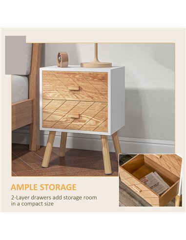 HOMCOM Wooden Bedside Table Set of 2, Bedroom Nightstand with 2 Drawers and Pine Legs, Natural Wood Storage Cabinet 831-P062