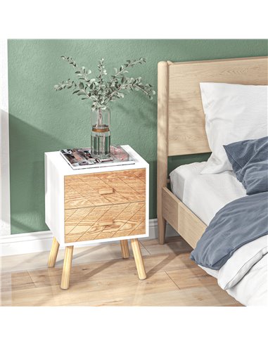 HOMCOM Wooden Bedside Table Set of 2, Bedroom Nightstand with 2 Drawers and Pine Legs, Natural Wood Storage Cabinet 831-P062