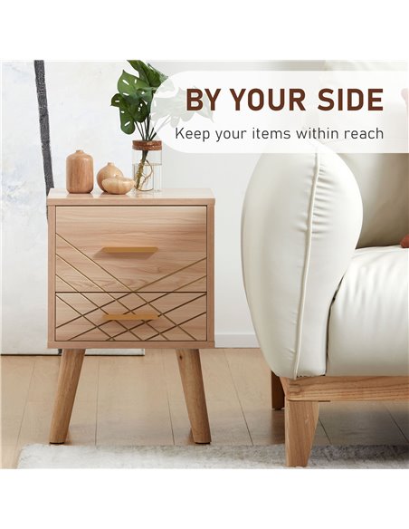 HOMCOM Scandinavian Bedside Cabinet with Drawers, Bedside Table with Wood Legs for Bedroom, Natural 831-637V00AK - pic 61395 | FastDaddyshop