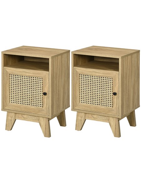 HOMCOM Bedside Table Set of 2, Side End Table with Rattan Element, Shelf and Cupboard, 39x35x60cm, Natural 831-P084 - pic 61473 | FastDaddyshop