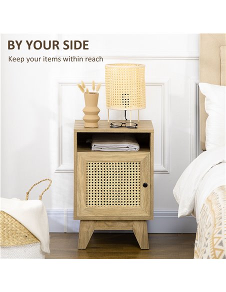HOMCOM Bedside Table Set of 2, Side End Table with Rattan Element, Shelf and Cupboard, 39x35x60cm, Natural 831-P084 - pic 61476 | FastDaddyshop
