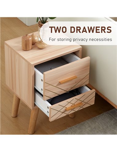HOMCOM Bedside Cabinet, Scandinavian Bedside Table with Drawers, Bed Side Table with Wood Legs, Natural 831-P083