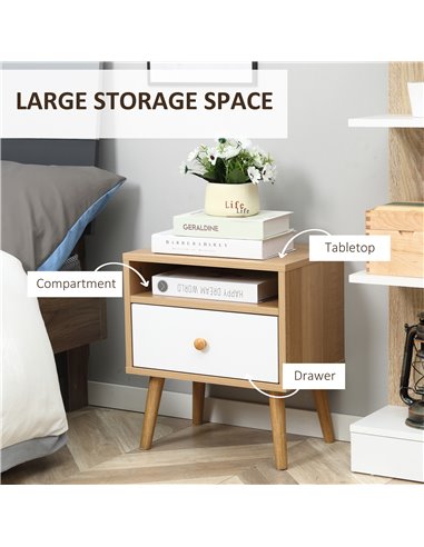HOMCOM Pair of Natural Bedside Tables with Drawer and Shelf, Contemporary Nightstands, End Tables for Bedroom, Living Room, Natu