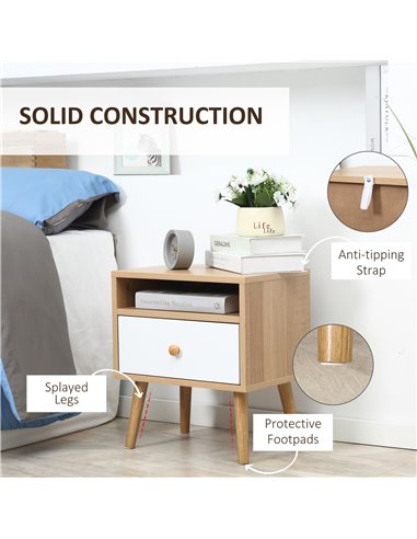 HOMCOM Pair of Natural Bedside Tables with Drawer and Shelf, Contemporary Nightstands, End Tables for Bedroom, Living Room, Natu
