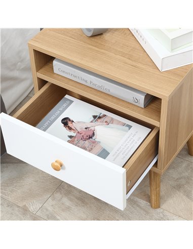 HOMCOM Pair of Natural Bedside Tables with Drawer and Shelf, Contemporary Nightstands, End Tables for Bedroom, Living Room, Natu