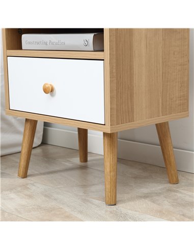 HOMCOM Pair of Natural Bedside Tables with Drawer and Shelf, Contemporary Nightstands, End Tables for Bedroom, Living Room, Natu