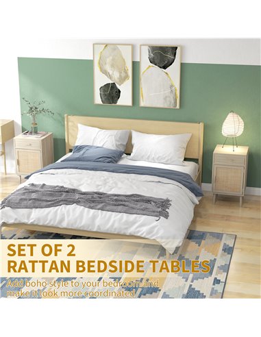 HOMCOM Bedside Tables Set of 2, Rattan Side Tables with Drawer, Cabinet, Adjustable Shelf, Bedside Cabinets with Storage for Bed