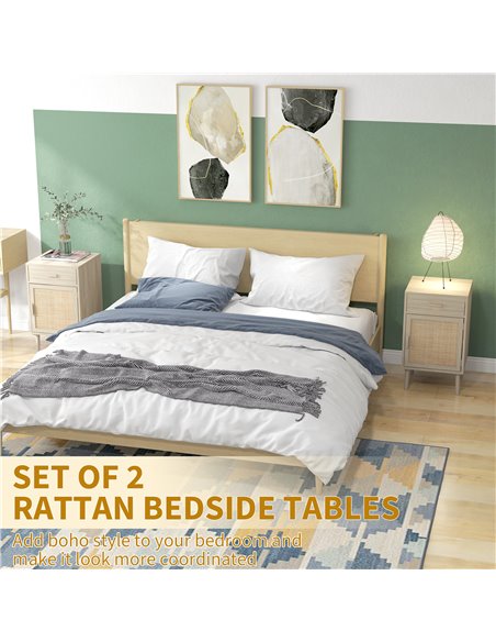 HOMCOM Bedside Tables Set of 2, Rattan Side Tables with Drawer, Cabinet, Adjustable Shelf, Bedside Cabinets with Storage for Bed - pic 61539 | FastDaddyshop