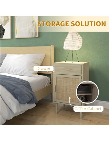HOMCOM Bedside Tables Set of 2, Rattan Side Tables with Drawer, Cabinet, Adjustable Shelf, Bedside Cabinets with Storage for Bed