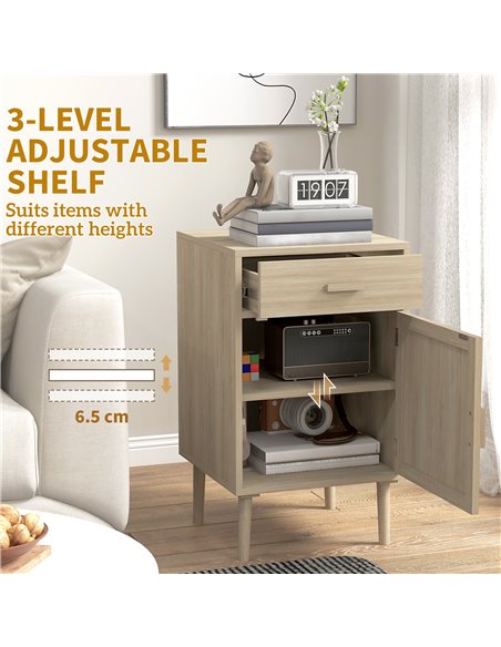 HOMCOM Bedside Tables Set of 2, Rattan Side Tables with Drawer, Cabinet, Adjustable Shelf, Bedside Cabinets with Storage for Bed - pic 61541 | FastDaddyshop