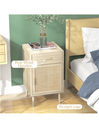 HOMCOM Bedside Tables Set of 2, Rattan Side Tables with Drawer, Cabinet, Adjustable Shelf, Bedside Cabinets with Storage for Bed