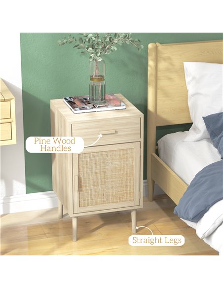 HOMCOM Bedside Tables Set of 2, Rattan Side Tables with Drawer, Cabinet, Adjustable Shelf, Bedside Cabinets with Storage for Bed - pic 61542 | FastDaddyshop