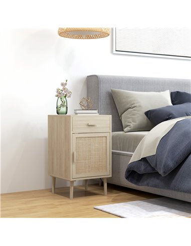 HOMCOM Bedside Tables Set of 2, Rattan Side Tables with Drawer, Cabinet, Adjustable Shelf, Bedside Cabinets with Storage for Bed