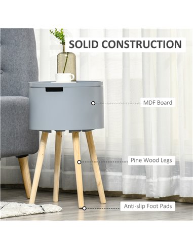 HOMCOM Modern Side Table with Concealed Storage, Round End Table with Removable Tray, Wood Frame, Grey 839-P035