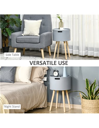 HOMCOM Modern Side Table with Concealed Storage, Round End Table with Removable Tray, Wood Frame, Grey 839-P035