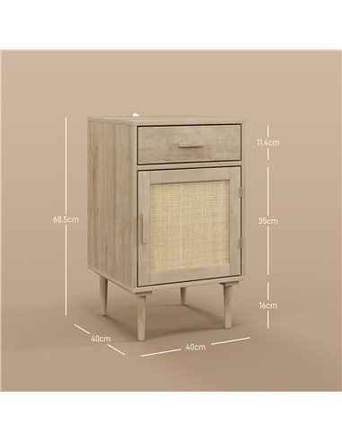 HOMCOM Bedside Table, Rattan Side Tables with Drawer, Cabinet and Adjustable Shelf, Boho Bedside Cabinet with Storage for Bedroo