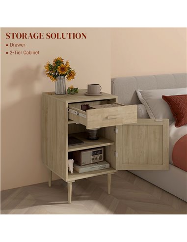 HOMCOM Bedside Table, Rattan Side Tables with Drawer, Cabinet and Adjustable Shelf, Boho Bedside Cabinet with Storage for Bedroo