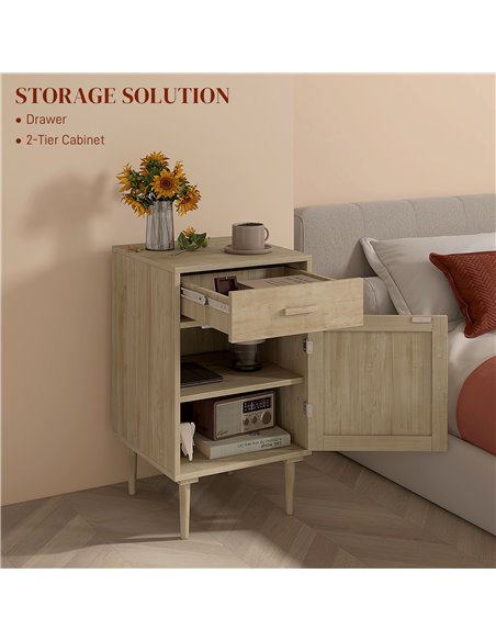 HOMCOM Bedside Table, Rattan Side Tables with Drawer, Cabinet and Adjustable Shelf, Boho Bedside Cabinet with Storage for Bedroo - pic 61558 | FastDaddyshop