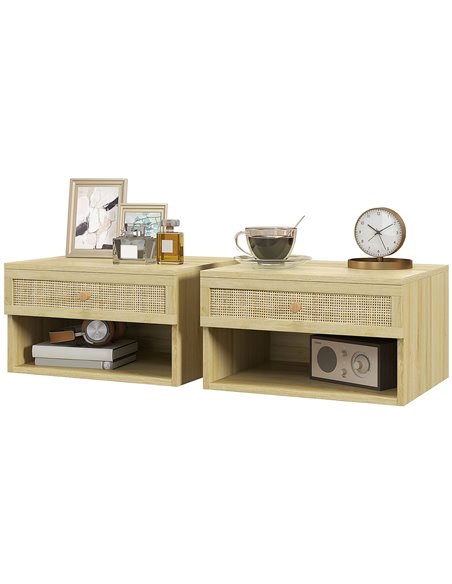 HOMCOM Set of Two Rattan Panel Floating Bedside Tables - Wood-Effect 831-770V80ND - pic 61563 | FastDaddyshop