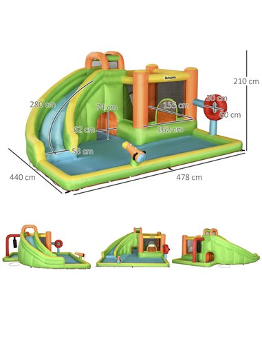 Outsunny 7 in 1 Kids Bouncy Castle Water Slide Bounce House Includes Slide, Trampoline, Pool, Water Gun, Ball-target, Boxing Pos