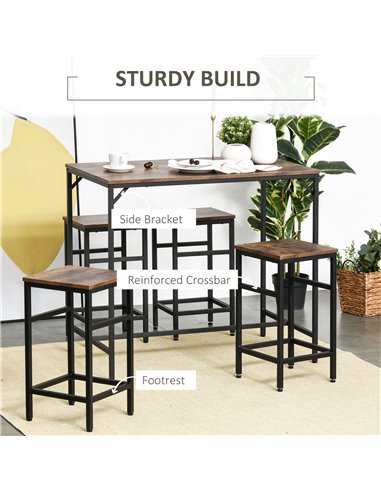 HOMCOM Industrial Rectangular Bar Table Set with 4 Stools for Dining Room, Kitchen, Dinette 835-337