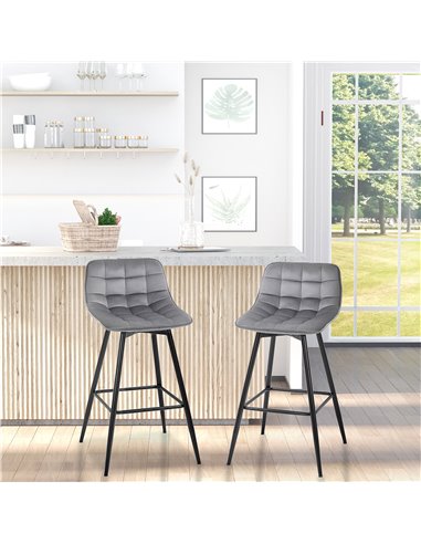 HOMCOM Set of 2 Bar stools With Backs Velvet-Touch Dining Chairs Kitchen Counter Chairs  Fabric Upholstered seat with Metal Legs