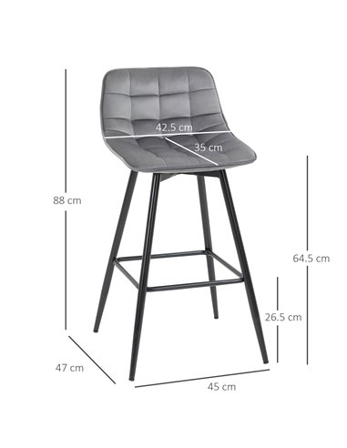 HOMCOM Set of 2 Bar stools With Backs Velvet-Touch Dining Chairs Kitchen Counter Chairs  Fabric Upholstered seat with Metal Legs