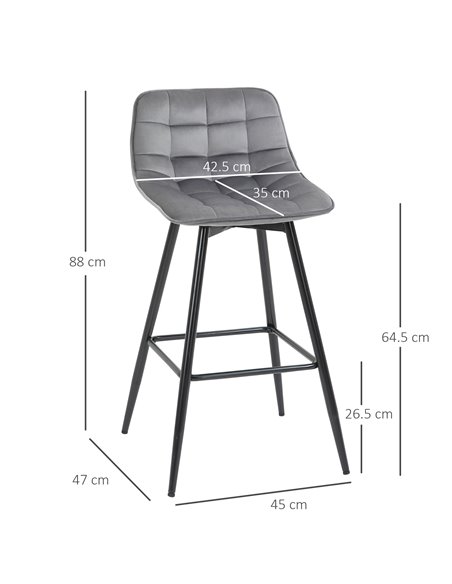 HOMCOM Set of 2 Bar stools With Backs Velvet-Touch Dining Chairs Kitchen Counter Chairs  Fabric Upholstered seat with Metal Legs - pic 61619 | FastDaddyshop
