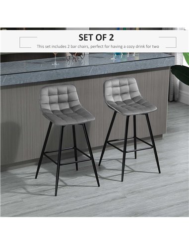 HOMCOM Set of 2 Bar stools With Backs Velvet-Touch Dining Chairs Kitchen Counter Chairs  Fabric Upholstered seat with Metal Legs