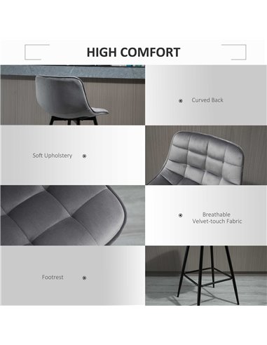 HOMCOM Set of 2 Bar stools With Backs Velvet-Touch Dining Chairs Kitchen Counter Chairs  Fabric Upholstered seat with Metal Legs