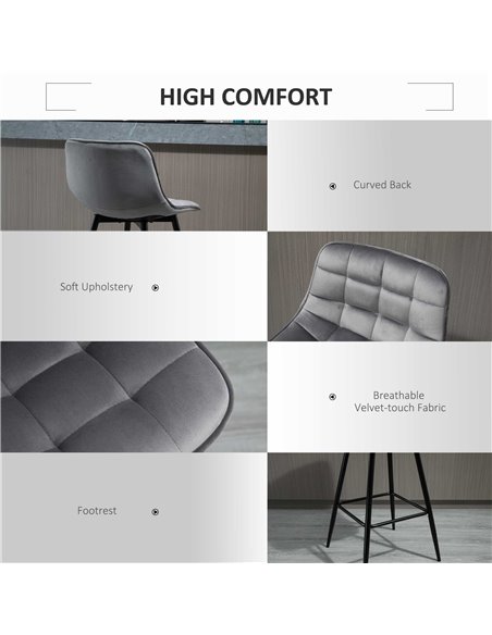 HOMCOM Set of 2 Bar stools With Backs Velvet-Touch Dining Chairs Kitchen Counter Chairs  Fabric Upholstered seat with Metal Legs - pic 61621 | FastDaddyshop