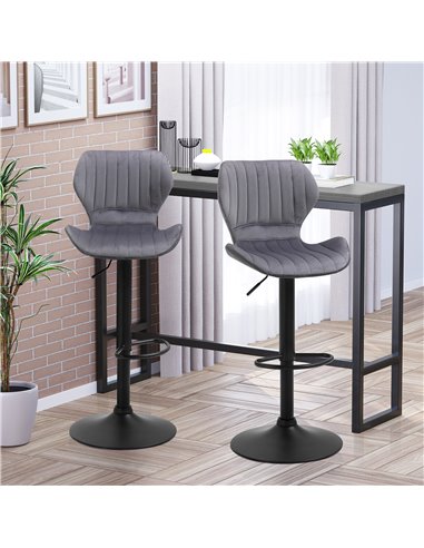 HOMCOM Bar Stool Set of 2 Velvet-Touch Fabric Adjustable Height Swivel Counter Chairs with Footrest, Grey 835-466V70GY