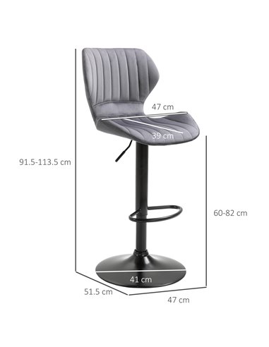 HOMCOM Bar Stool Set of 2 Velvet-Touch Fabric Adjustable Height Swivel Counter Chairs with Footrest, Grey 835-466V70GY