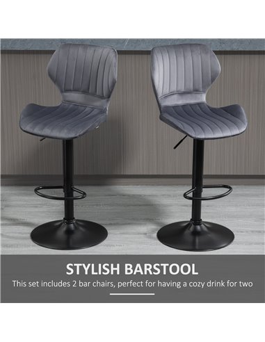 HOMCOM Bar Stool Set of 2 Velvet-Touch Fabric Adjustable Height Swivel Counter Chairs with Footrest, Grey 835-466V70GY