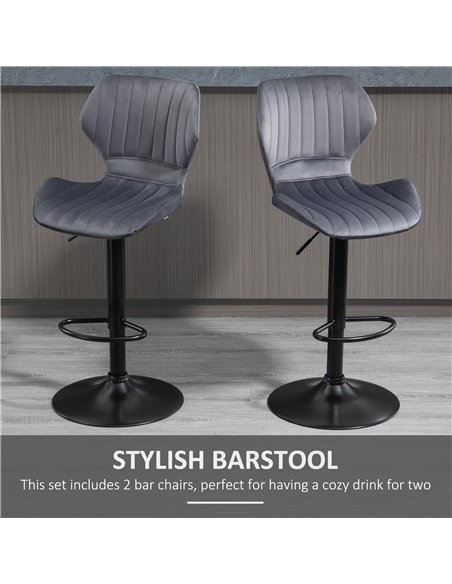 HOMCOM Bar Stool Set of 2 Velvet-Touch Fabric Adjustable Height Swivel Counter Chairs with Footrest, Grey 835-466V70GY - pic 61629 | FastDaddyshop