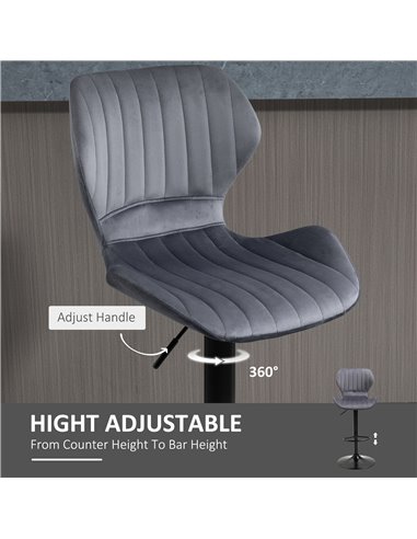 HOMCOM Bar Stool Set of 2 Velvet-Touch Fabric Adjustable Height Swivel Counter Chairs with Footrest, Grey 835-466V70GY