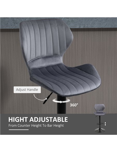 HOMCOM Bar Stool Set of 2 Velvet-Touch Fabric Adjustable Height Swivel Counter Chairs with Footrest, Grey 835-466V70GY - pic 61630 | FastDaddyshop