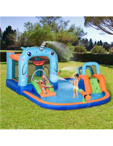 Outsunny 5 in 1 Kids Bounce Castle Narwhals Style Inflatable House with Slide Trampoline Pool Water Gun Climbing Wall with Infla