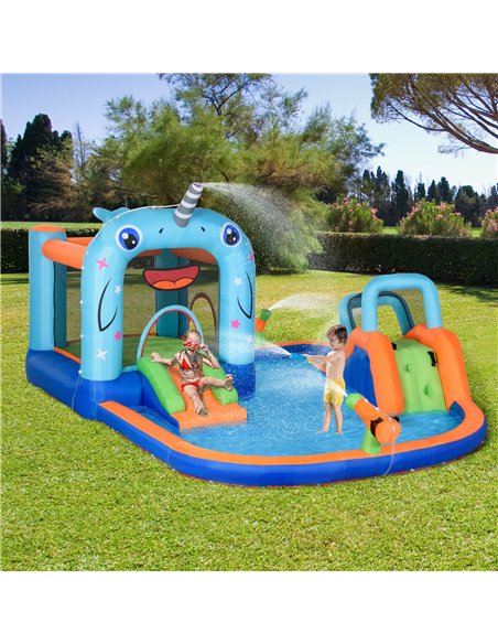 Outsunny 5 in 1 Kids Bounce Castle Narwhals Style Inflatable House with Slide Trampoline Pool Water Gun Climbing Wall with Infla - pic 6166 | FastDaddyshop