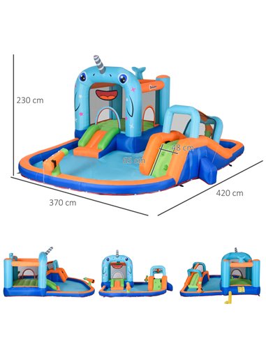 Outsunny 5 in 1 Kids Bounce Castle Narwhals Style Inflatable House with Slide Trampoline Pool Water Gun Climbing Wall with Infla