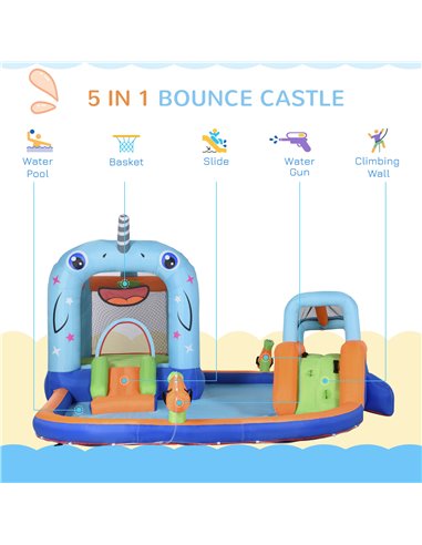 Outsunny 5 in 1 Kids Bounce Castle Narwhals Style Inflatable House with Slide Trampoline Pool Water Gun Climbing Wall with Infla