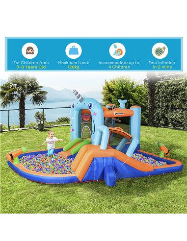 Outsunny 5 in 1 Kids Bounce Castle Narwhals Style Inflatable House with Slide Trampoline Pool Water Gun Climbing Wall with Infla