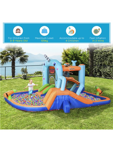 Outsunny 5 in 1 Kids Bounce Castle Narwhals Style Inflatable House with Slide Trampoline Pool Water Gun Climbing Wall with Infla - pic 6169 | FastDaddyshop