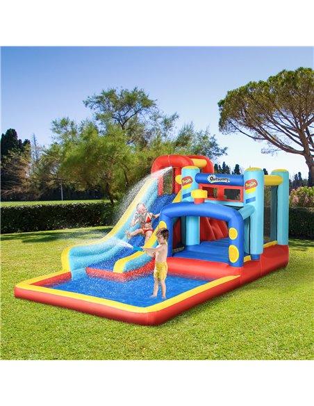 Outsunny 4 in 1 Bouncy Castle, with Slide, Pool, Trampoline, Climbing Wall, Blower - Multicoloured - pic 6174 | FastDaddyshop