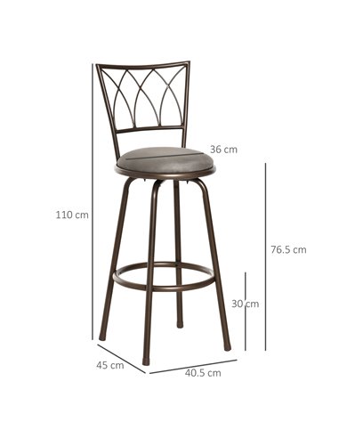 HOMCOM Set of 2 Bar Chairs Swivel Armless Upholstered Metal Frame Barstools with Backrest & Footrest, Bronze 835-535